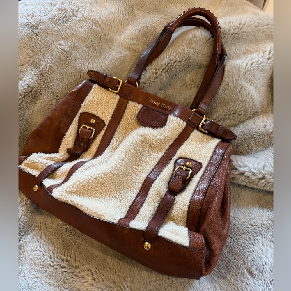 Miu Miu Brown and Cream Shearling Shoulder Bag